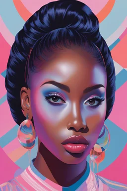 portrait of justine skye, environment map, abstract 1998 air hostess poster, portrait of thick shiny black straight hair, dramatic makeup, intricate stunning highly detailed, op art, pretty pastel colors, hypnotic, art by Victor Moscoso and Bridget Riley by sachin teng x supreme, dark skin, full lips, light pink, baby blue, pale pink, lavender