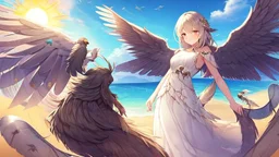 Highly detailed medium shot of a bird, sand, hot, cute, feathers, wings, tail, sun, large, dress