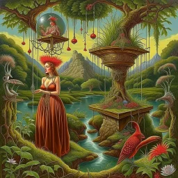 strange hanging garden, surreal meander style of Michael Cheval, eerie, smooth, trending on Artstation, 16k, intricate detail, hypersurreal.