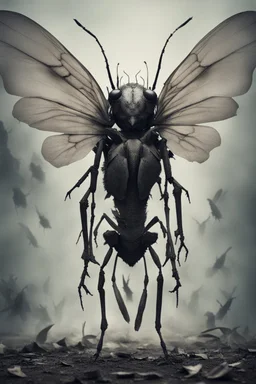 a haunting image of a humanoid insect facing away from us, in despair, with wings that are broken torn and crumbling