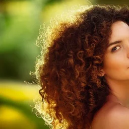 **The embodiment of summer is a beautiful 30-year-old woman with curly hair, exotic birds fly out of her hair, the face is beautiful, the atmosphere of the scene is uplifting and dynamic, Summer cinematic, the colors are green dark, red, orange and touches of blue