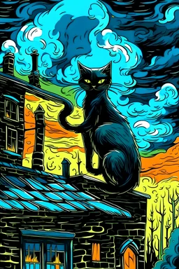 Un gato negro trepando una chimenea al estilo de van Gogh