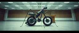 pinhole cam, airbrush 3d rendering, on tv screen:A five-second cinematic single take in a clean industrial presentation hall. A bizarre mechanically plausible tracked bicycle machine stands beside a presentation podium, designed to look like a giant mechanical praying mantis. Two large bicycle wheels form its main body and four thin articulated mechanical legs support it. Two long folded mechanical front arms resemble mantis forelegs, huge head and arms