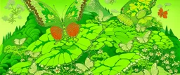 A lime green kingdom with butterflies painted by Katsushika Hokusai