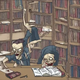 Un zombi estudiando matemáticas en una biblioteca