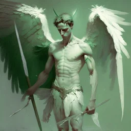 hombre angel caido con piel verde palido y alas blancas con una lanza en sus manos