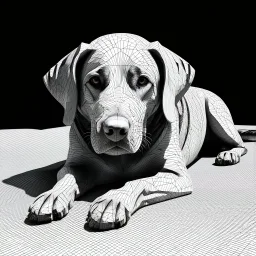 a black and white 3D image of a light brown labrador lying down, surreal and otherworldly, intricate linework, mind-bending composition, intricate patterns in the fur,masterful use of light and shadow,masterful use of light and shadow,masterful use of light and shadow, dreamlike quality, detailed linework akin to Moebius, intricate details, vibrant and contrasting colors, Artstation for showcasing.