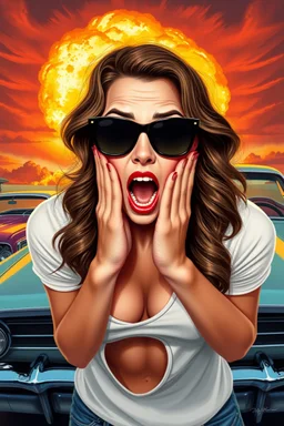 an young woman leaning forward(cropped tightly from between nose and stomach, white top with wide neck opening, cleavage, hands at face with surprised expression, home alone scream, wavy hair, large cheep sunglasses), nuclear explosion and classic Cars in background, greaser, digital painted illustration