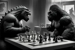 a Godzilla and king kong playing a game of chess