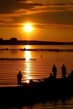 Una puesta de sol, a orillas del Río Parana y pescadores en sus costas al estilo de Picasso