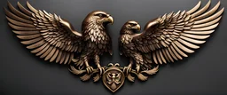 Bronze emblem double-headed eagle symmetrical and positioned on a single neck, Each head looks in different directions, one facing left and the other right, wings of the eagle are spread wide