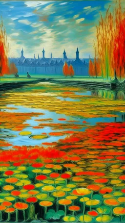 A green swamp with fiery orange lilies near a city painted by Claude Monet