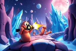 lense to infinity, worms character firing bazooka in worms game crawling through 2d platformer with frozen artic jungle with weird alien towers gets torn apart under him, in the style of Pixar, expertly crafted in a whimsical and vibrant cartoon style. is masterfully rendered in a lifelike 3D design, which captivates viewers with there irresistible charm.