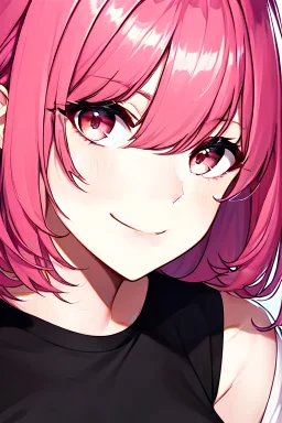 Girl smile with black t shirt,Pink hair,ambre eyes,detailed portrait, masterpiece,ultra detailed,best quality