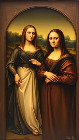 Mona Lisa and Leonardo da Vinci as a couple standing side by side in a painting