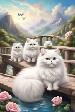 in the center: beautiful fat fluffy white persian cats with green eyes sitting on a bridge, under the brigde flows a small blue river; background: landscape with dramatic mountains and white clouds, butterflys flying in the sky; first plan: pink roses;