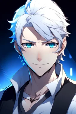 Anime Man main character with blue eyes, white hair, white skin, nice hair, smart, intelligent, strong, lite muscles, aged 25, wearing a sport uniform black