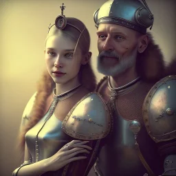 a cute smiling girl with her husband in medieval armor with a tattoo in her face, michelangelo painting, steam punk, scary, horror, realistic, made in octane, cinematic, ultra-realistic, extremely detailed octane rendering, 8K, VRAY Super Real ar 2:3, dof photorealistic futuristic 50mm lens hard lighting dark gray tintype photograph, realistic lighting, sephia colors