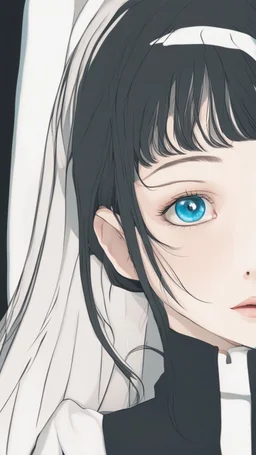 A close picture to a beautiful white skin woman with black soft hair and the hair cover half of Her face and glowing blue eyes