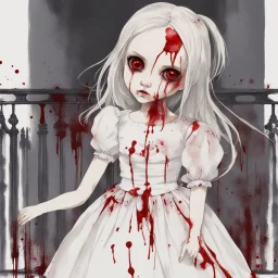 A girl's doll wearing a white dress with red blood bleeding from the back