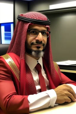 A Saudi lawyer wearing a modern red Saudi shemagh and headband law office