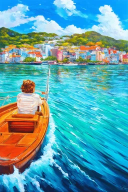 on the boat on a long journey birdseye view, japanese modern pop art