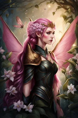 Pink,Hydrangea,orchids,lilies of the valley,night,pink hair,rapunzel hair,elven crown,dragonflies,pointed ears,elven ears,dark fairy princess,sparkle,,dark gold armour,fairy wings,pink