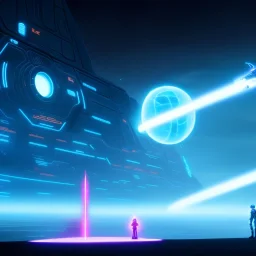 The Grim Reaper and the Star ship pilot in Tron world, discussing the future of the universe, art by Magritte and Pixar