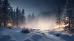 fir forrest scenery, heavy mist,valley,creek,forest,christmas ,tree,,nature,night,snow,fir tree,high-quality photograph,zeiss prime lens, bokeh , high detail, smooth render, unreal engine 5, dust effect, vivid colors,night