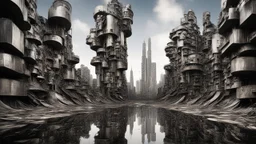 your creativity versus my imagination, tectonic arafed whimsical cityscape, Taro Okamoto influence, puṣkaracūḍa, made of scrap metal, detailed rounded forms, great verticals, perfect parallels, amazing reflections, amazing transparency, industrial vibe, shock of juxtaposition, there is ugliness in beauty