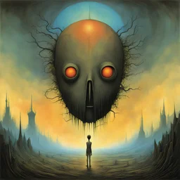 Looking inward, soul blister, surreal style by Zdzislaw Beksinski and Wilfredo Lam, smooth, sinister, neo surrealism, venn diagram shape, color illustration, artistic, atmosphere of a Shaun Tan nightmare
