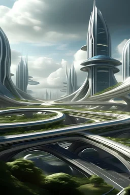 Pandora with futuristic buildings and highways