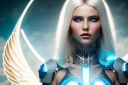 A beautiful portrait of a cute smiling cyber woman with wings, long blond platinum hair, luminous blue eyes, high key lighting, volumetric light high details with blue and white stripes white luminous celtic paterns, beam starry background