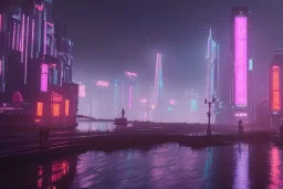 3D, beautiful, light reflecting, empty future city skyline at night, rainy night, neon, cyberpunk, tron, one cyborg walking, 8k, finely detailed, photo realistic