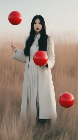 a woman standing in a field holding red ball, inspired by Ren Hang, design milk, long black hair, whites, wanderers traveling from afar, trending on artisation, cloning spell, coat pleats, in twin peaks, submarine, by Helen Thomas Dranga, symetry, round-cropped, noire photo