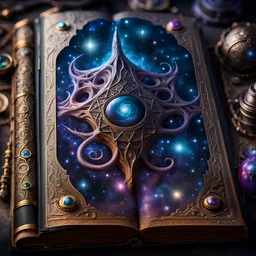 eldritch cosmic magic book,Dalle-3 x SDXL,DSLR camera Sony Alpha 7 50mm 1.8,medium shot,high-resolution image with fine details, extremely realistic, intricate, photorealistic, epic composition, masterpiece