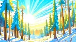 fantasy cartoon: sunny sky over the winter forest, pine trees