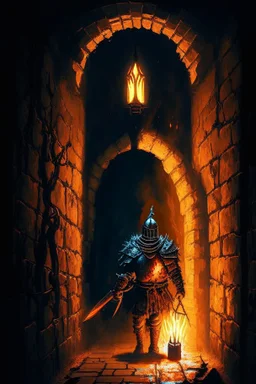 A frightening castle dungeon hallway with an evil knight warrior in rusty chainmail holding a burning torch painterly rpg art