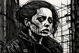 create a deep powerful tragic and evocative, full body woodcut of a raw and weathered gothpunk female with highly detailed facial features, lost in a horrific post apocalyptic world, in the style of KATHE KOLLWITZ , searing lines and forceful strokes