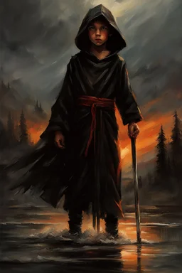 A formidable warrior-a 10-year-old boy in a black robe with a hood, on the background Amazing gloomy landscape, flooded with sunset, mountains, trees, fabulous scary hero, , juicy emotions, painting, dark fantasy, bad weather, gloomy day, dark world, by Raymond Swanland & Alyssa Monks & Anna Razumovskaya & James Paick