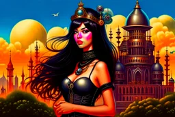 exotic sci-fi steampunk pin-up girl, with long dark hair with bangs, on an alien planet with cloud trees, tall spires, buildings, bridges, arches, photorealistic