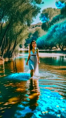 beautiful girl in pretty dress walking in water toward camera in trees next to wavy river with clear water and nice sands in floor.camera capture from her full body front