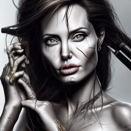 portrait Angelina Jolie gunshot long hairs big bobs Tomb Raider