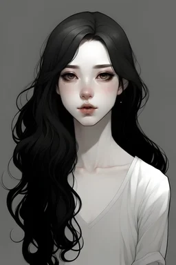 A girl with sharp, beautiful features. Her skin is pale white. Her eyes black. Her body is slim and long. Her hair is black and wavy.