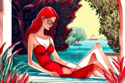 woman in red swimsuit reading a book in a beautiful garden in sunshine style Vittorio Giardino, stylized pen drawing and watercolor