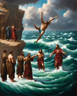 Renaissance mural of the moment when the Pythagorean disciples throw Hypasus into the Aegean Sea. Capture the split second before it falls to the dark, choppy waters below. The disciples stand at the edge of the cliff, their faces hidden in the shadows, while Hippasus is depicted with a look of shock and despair. The background features the turbulent sea and stormy sky. Created using: Raphael's mastery of perspective, rich depth of color, classic Renaissance iconography, intricate details in bot