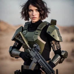 futuristic beautiful caucasian half cyborg female soldier, black metal body and limbs, scratched olive metal details, short brunette wavy bob haircut, dystopian, desert scene