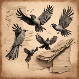 Hyper Realistic sketch of Few-Koel-Birds Flying on the edges of a vintage-grungy-paper-with-torn-paper-edges