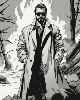 a young man with big muscles who looks like hans gruber wearing a trench coat and red sunglasses staring with an irritated look on his face standing in front of a fire