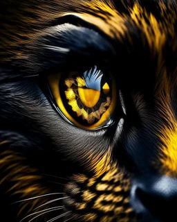 A captivating close-up image of a black panther's eye, glowing bright yellow and filled with intense, wild intensity. The eye is framed by the black fur of the panther, and a sense of wild, untamed nature radiates from it. The overall atmosphere is mysterious and evokes a feeling of wild nature.